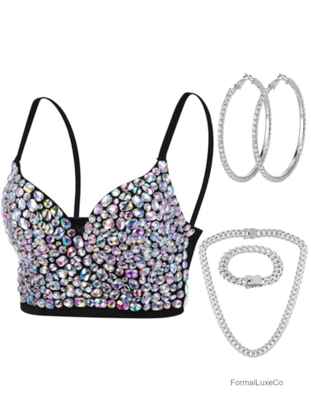Rhinestone Corset Top 4 Piece Set Necklace Earrings Cosplay Party